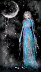 Artistic depiction of a celestial being with a glowing dress against a starry night sky.