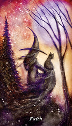 Artistic depiction of a cat with a crescent moon and trees against a starry sky, with 'Faith' written below.
