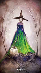Artistic depiction of a witch in a green dress with a lantern, standing in a forest setting.