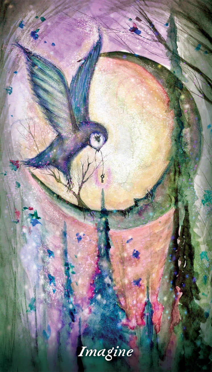 Artistic depiction of a bird near a moon with 'Imagine' text, in pastel colors.
