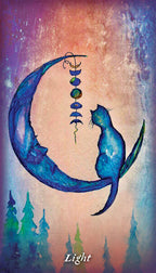 Artistic depiction of a blue cat sitting on a crescent moon with a colorful background