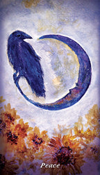 Artistic depiction of a raven with a circular design and floral elements on a textured background.