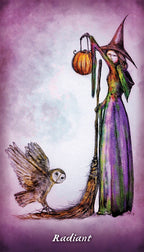 Cartoon witch with broom and pumpkin lantern on a purple background, featuring the word 'Radiant'.