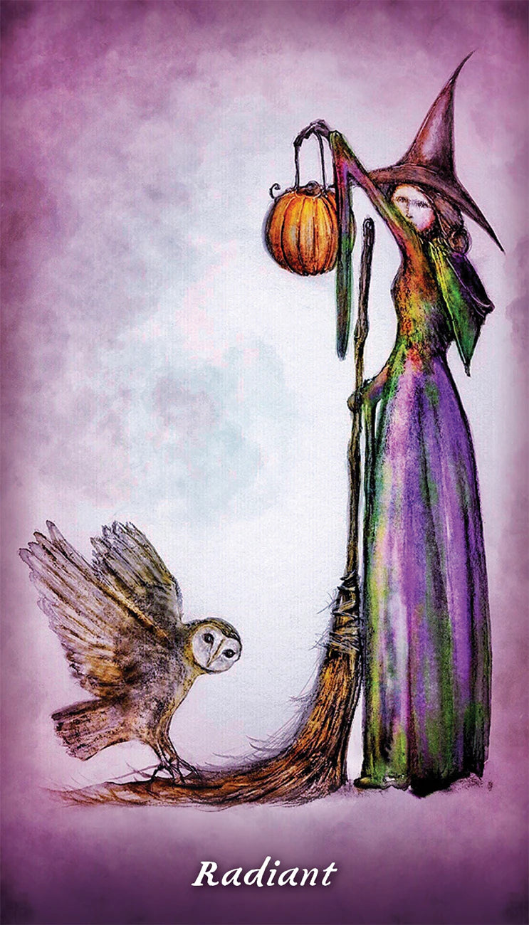 Cartoon witch with broom and pumpkin lantern on a purple background, featuring the word 'Radiant'.