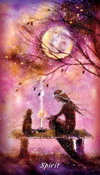 Artistic depiction of a person and a cat sitting on a bench under a starry sky with a moon.