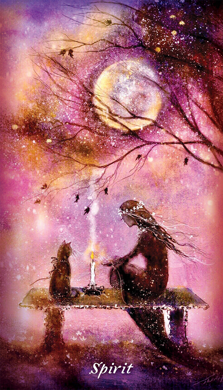 Artistic depiction of a person and a cat sitting on a bench under a starry sky with a moon.