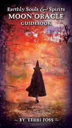 Book cover of 'Earthly Souls & Spirits Moon Oracle Guidebook' with a silhouette of a person in a hooded cloak against a colorful, abstract background.
