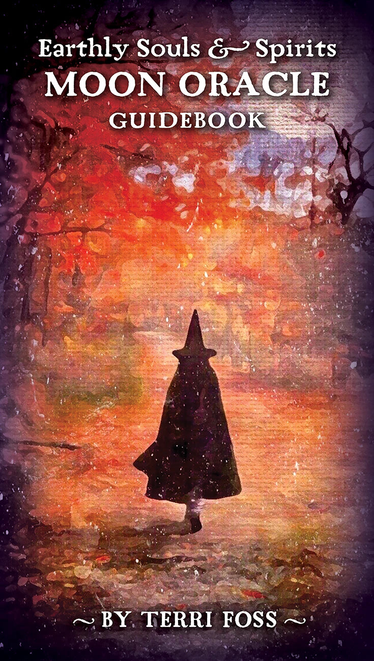 Book cover of 'Earthly Souls & Spirits Moon Oracle Guidebook' with a silhouette of a person in a hooded cloak against a colorful, abstract background.