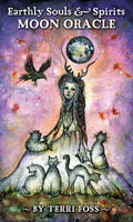 Book cover of 'Earthly Souls & Spirits Moon Oracle' by Terri Foss with a mystical illustration of a woman with cats and a bird.
