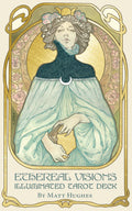 Cover of 'Ethereal Visions Illuminated Tarot Deck' by Matt Hughes with a stylized illustration of a woman holding a book.