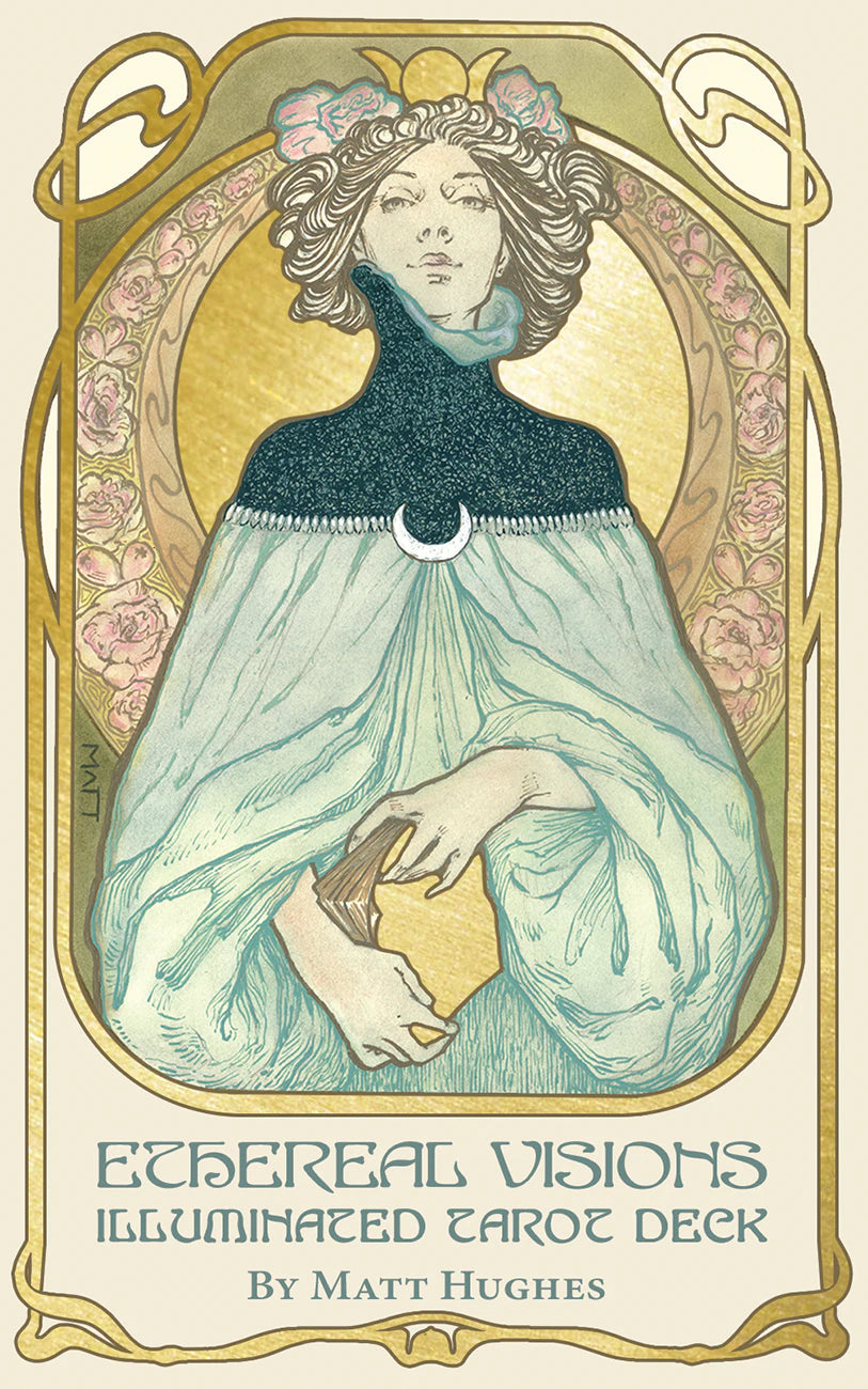 Cover of 'Ethereal Visions Illuminated Tarot Deck' by Matt Hughes with a stylized illustration of a woman holding a book.