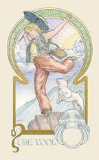 Art Nouveau-style illustration of 'The Fool' from a tarot card, featuring a person with a backpack and a dog on a mountain.