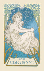 Art Nouveau-style illustration of a woman titled 'The Moon' with decorative elements.