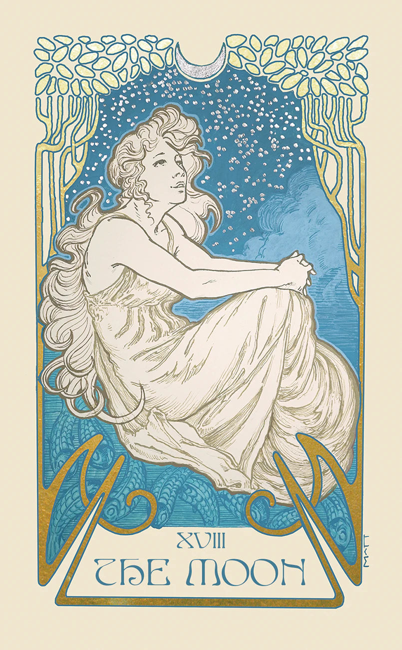 Art Nouveau-style illustration of a woman titled 'The Moon' with decorative elements.