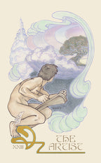 Artistic depiction of 'The Artist' from a tarot card, featuring a nude figure with art supplies against a mystical background.