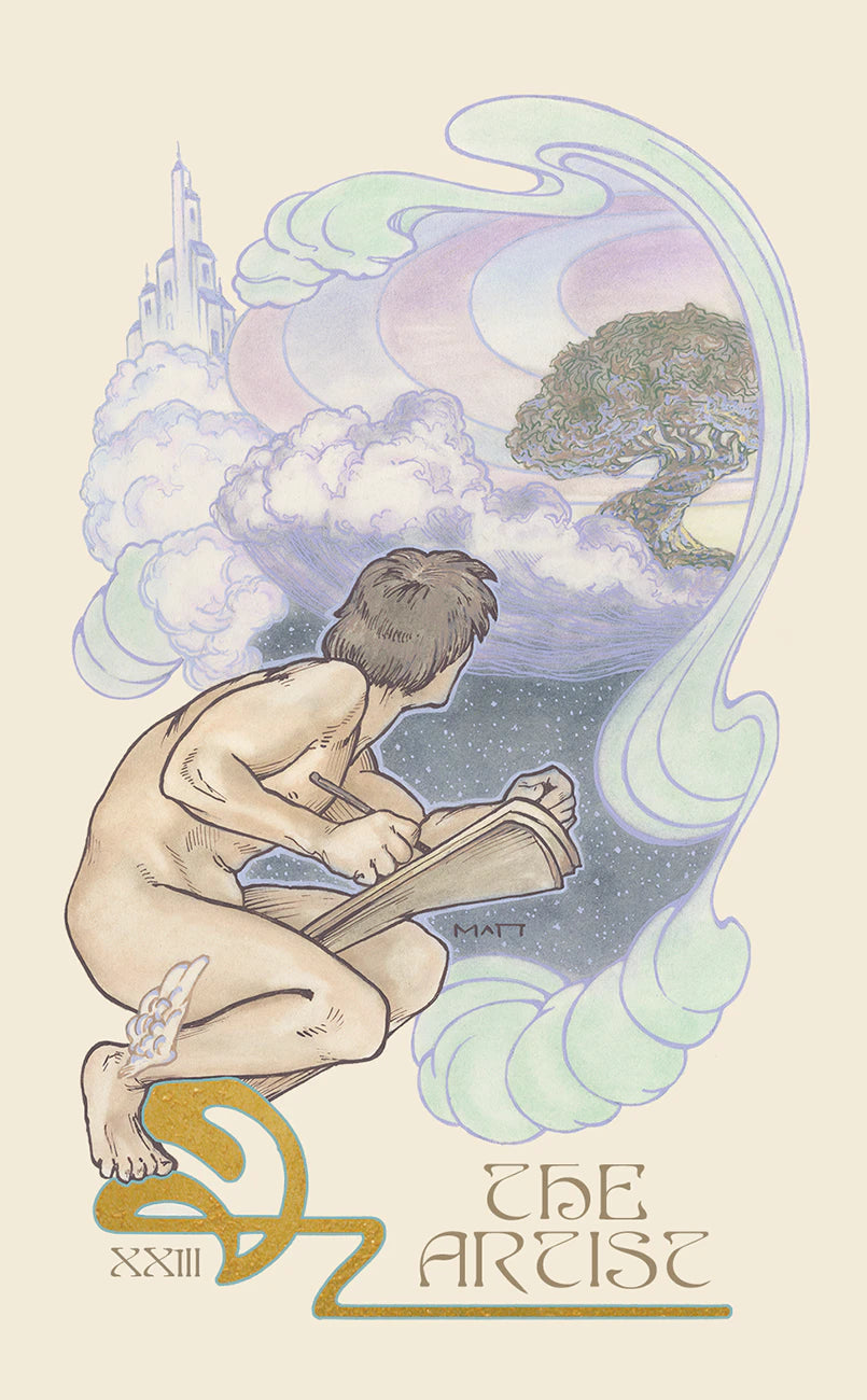 Artistic depiction of 'The Artist' from a tarot card, featuring a nude figure with art supplies against a mystical background.