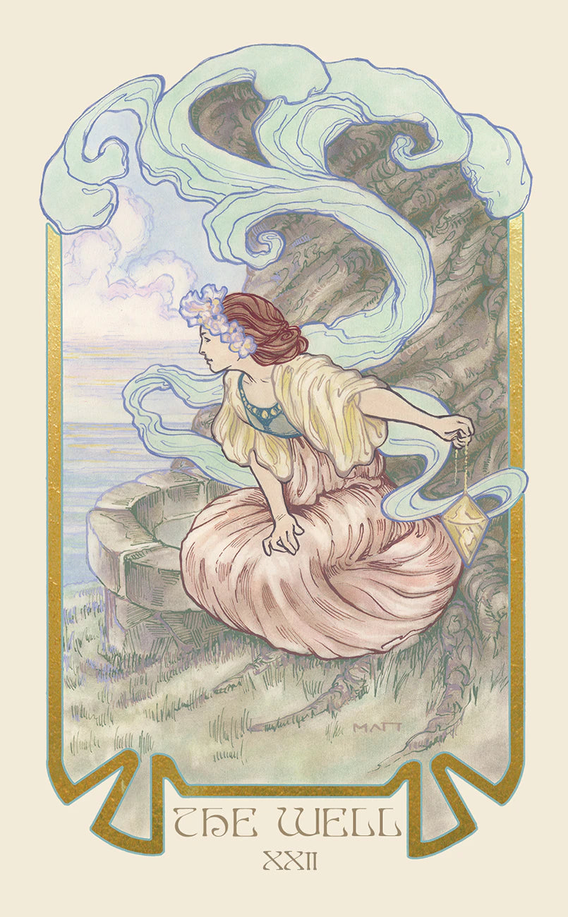 Artistic depiction of a fairy by a well with stylized waves and a pastel color palette.