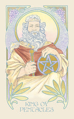 Artistic depiction of a king holding a pentacle symbol, with decorative elements on a beige background.