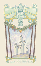 Card with fairy, trees, and castle, labeled 'Four of Wands' on a beige background.