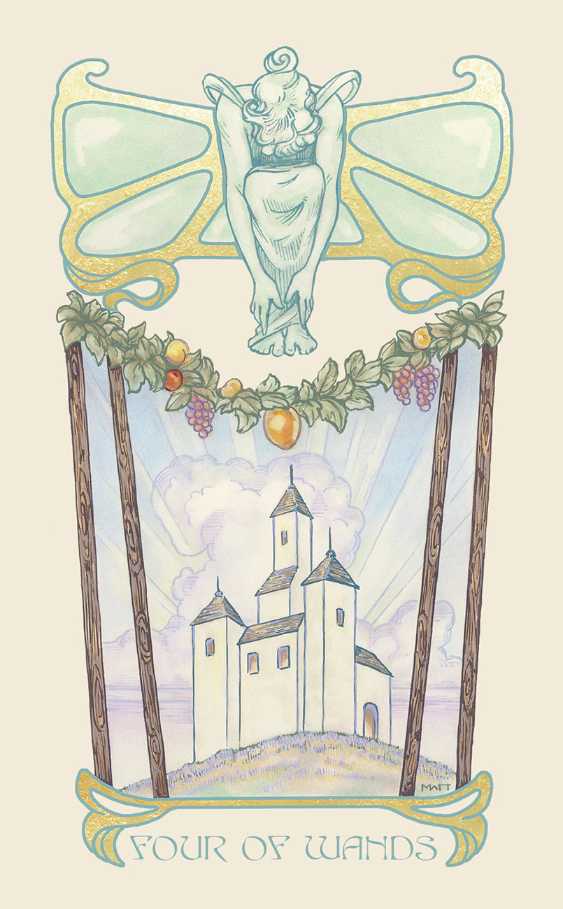 Card with fairy, trees, and castle, labeled 'Four of Wands' on a beige background.