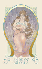 Art Nouveau-style card featuring a bound woman with swords, titled 'Eight of Swords'.