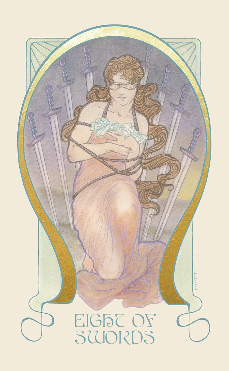 Art Nouveau-style card featuring a bound woman with swords, titled 'Eight of Swords'.