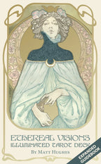 Cover of 'Ethereal Visions Illuminated Tarot Deck' with a stylized illustration of a woman holding a card.