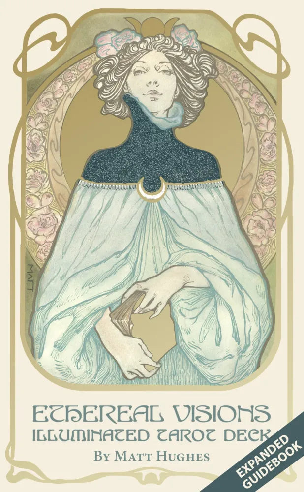 Cover of 'Ethereal Visions Illuminated Tarot Deck' with a stylized illustration of a woman holding a card.