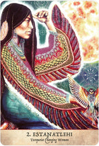 Artistic depiction of a woman with a colorful shawl and a bird, with '2. Estanatlehi' text at the bottom.