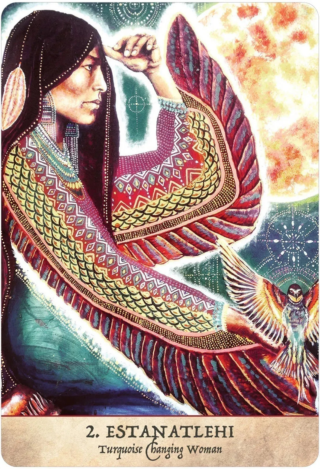 Artistic depiction of a woman with a colorful shawl and a bird, with '2. Estanatlehi' text at the bottom.