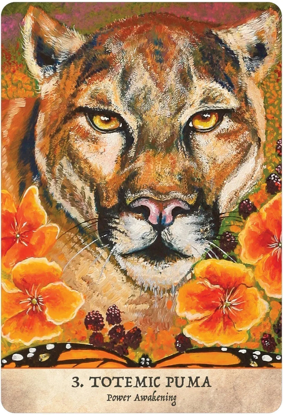 Card featuring a puma surrounded by flowers with '3. Totemic Puma' text on a colorful background.