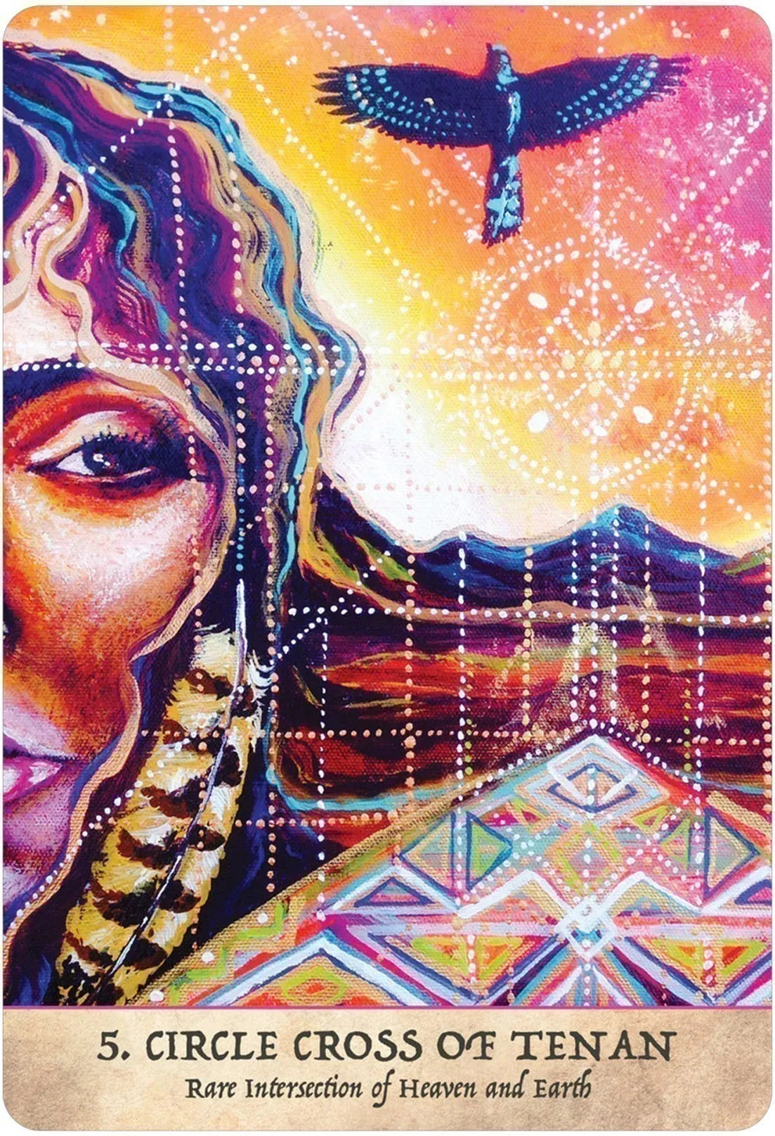 Colorful tarot card with a woman's face, eagle, and geometric patterns