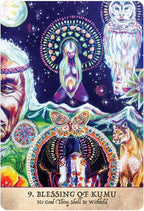 Colorful tarot card featuring a central figure, animals, and celestial elements with text 'Blessing of Kumu'.