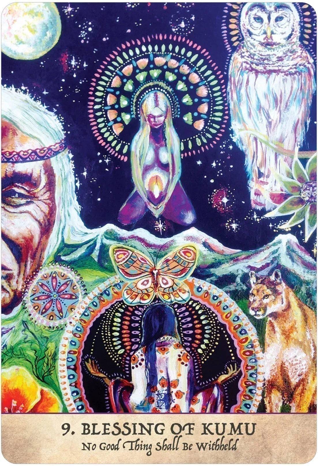 Colorful tarot card featuring a central figure, animals, and celestial elements with text 'Blessing of Kumu'.