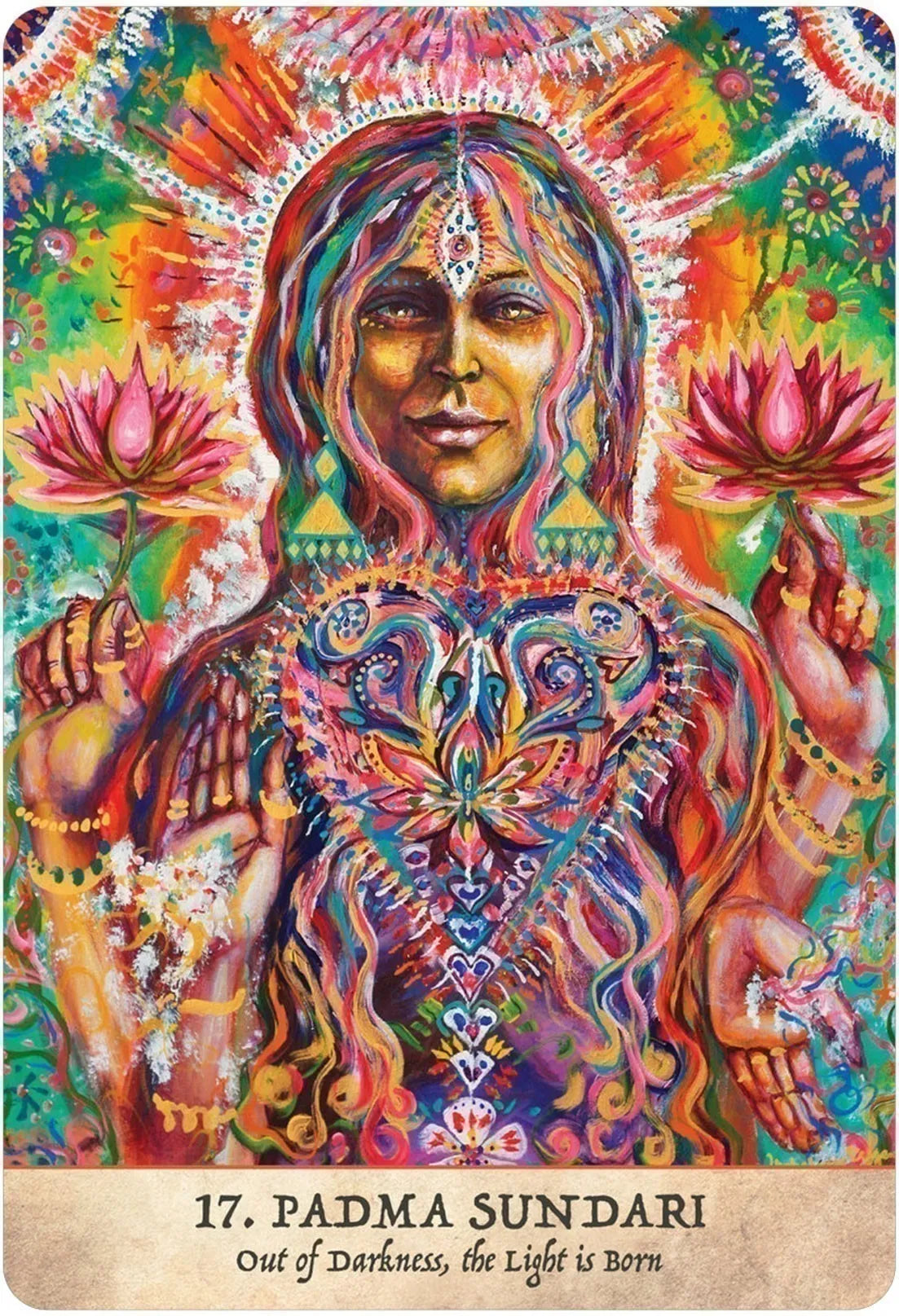 Colorful artwork of a woman with lotus flowers, featuring intricate designs and text.