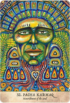 Colorful card featuring a stylized face with intricate patterns and text '32. Pacha Karma Nourishment of the Soul'.