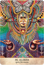 Colorful tarot card featuring a stylized face with fish and butterfly elements, labeled '34. Alakoa Spirit of the Warrior'.