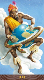 Illustration of a figure holding a snake and the world, with 'XXI' at the bottom.