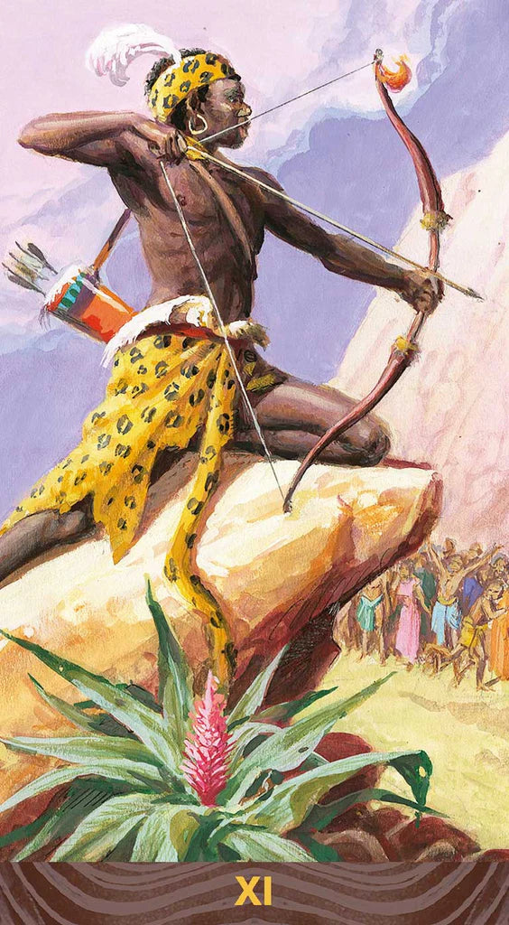Tarot card with a warrior in leopard skin and bow, surrounded by nature elements.