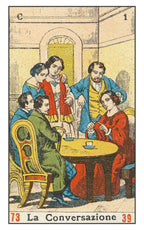 Vintage illustration of a group of people around a table, labeled 'La Conversazione'.