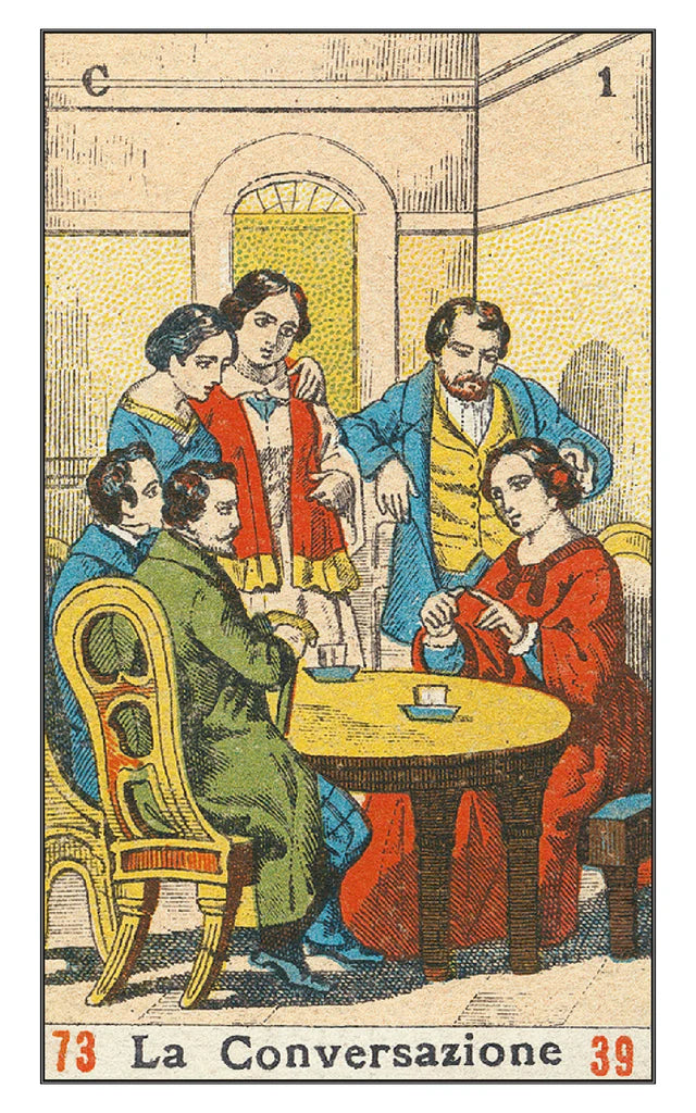 Vintage illustration of a group of people around a table, labeled 'La Conversazione'.