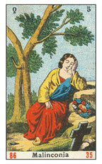 Card from a tarot deck titled 'Malinconia' featuring a person sitting under a tree with flowers and a cross.
