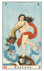Card featuring a figure labeled 'Fortuna' with flowers and a wheel, on a textured background.