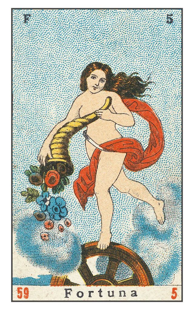 Card featuring a figure labeled 'Fortuna' with flowers and a wheel, on a textured background.