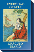 Book cover of 'Every Day Oracle' with a woman by the sea and a boat, on a blue background.