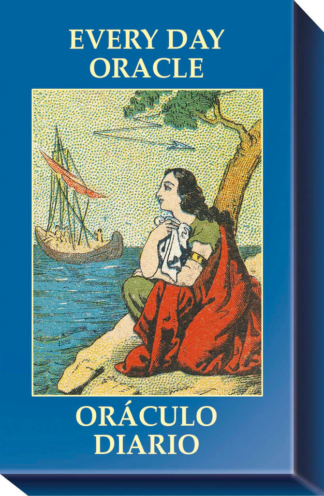Book cover of 'Every Day Oracle' with a woman by the sea and a boat, on a blue background.