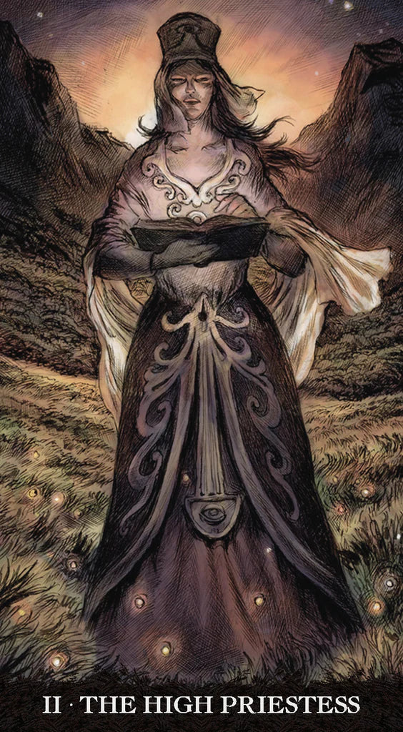 Tarot card featuring 'The High Priestess' with a woman in a detailed dress against a mountainous landscape.
