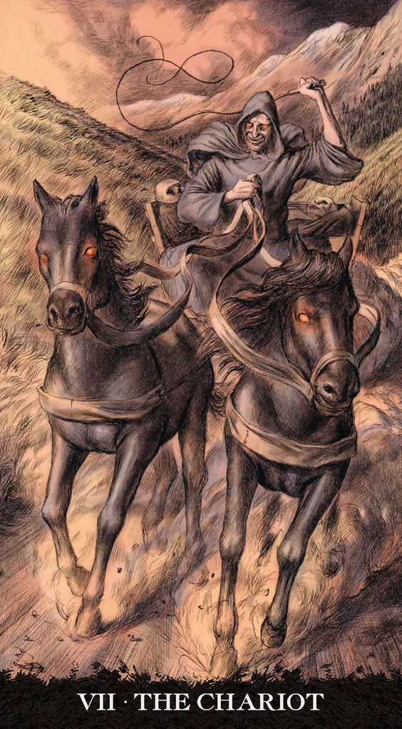 Tarot card featuring a figure on a chariot pulled by horses with a mountainous background.