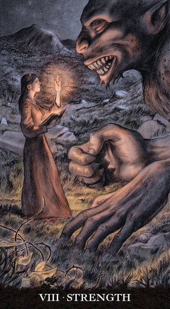 Illustration of a woman interacting with a large creature labeled 'Strength'.
