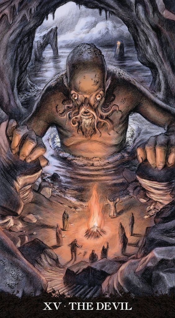 Artistic depiction of a figure emerging from water with a candle, labeled 'The Devil' from a tarot card series.
